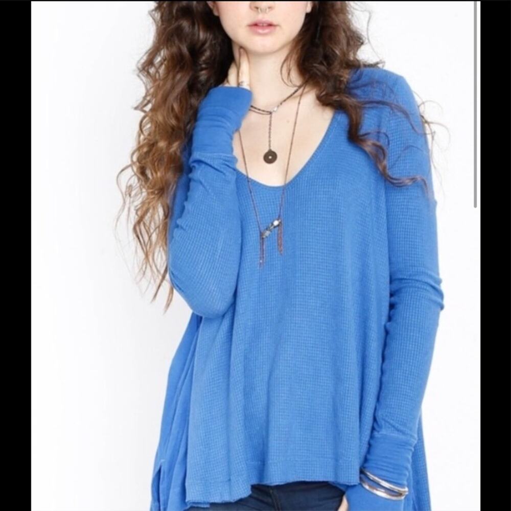 Free People Royal Blue Waffle Knit Long Sleeve Top